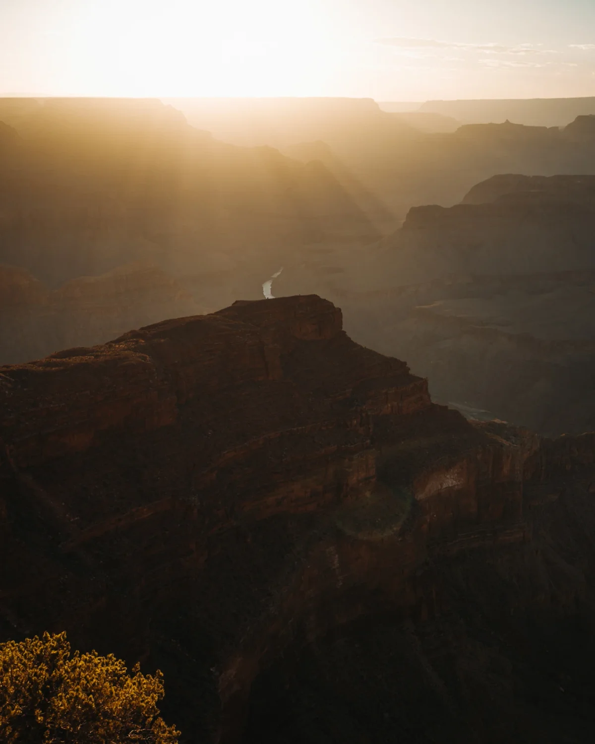 Golden sunlight over layered canyon cliffs with a river winding below