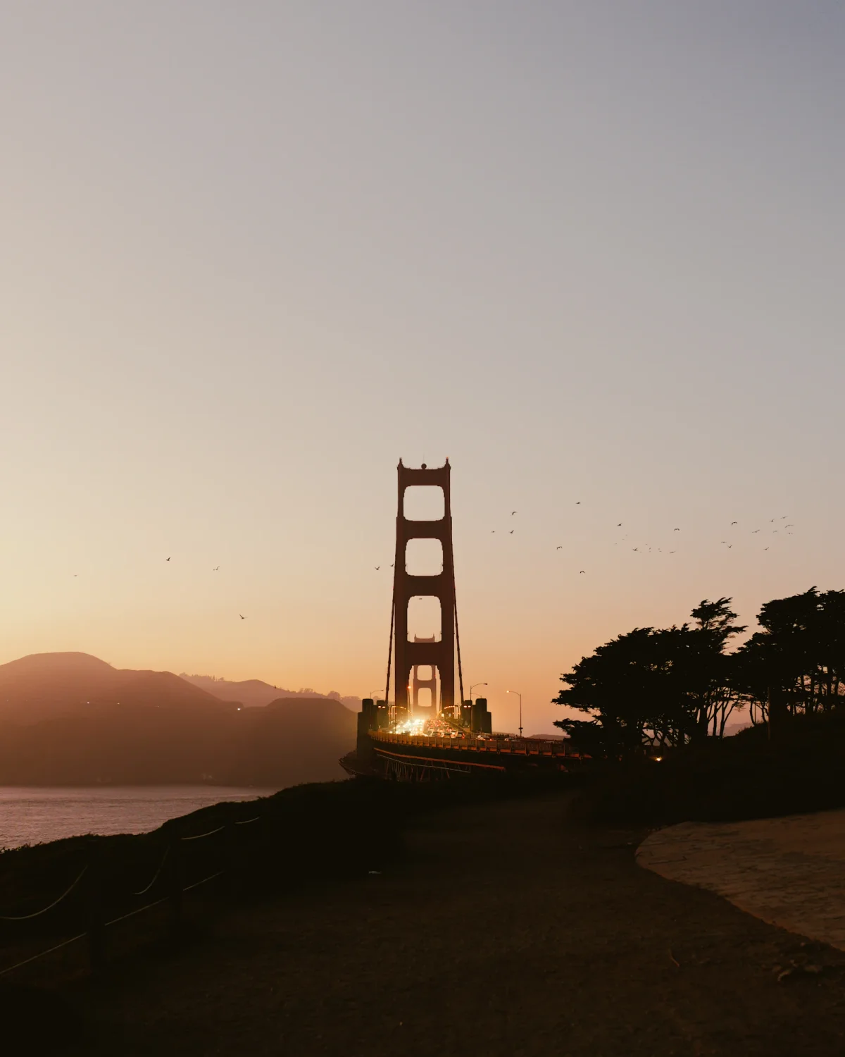 Golden Gate Bridge at dusk, with headlights beneath its tower and birds in the sky